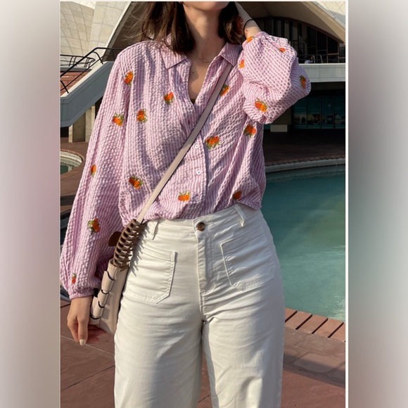 Anthropologie Maeve Pink Seersucker
Embroidered orange Bishop Sleeve, size large - Picture 13 of 13